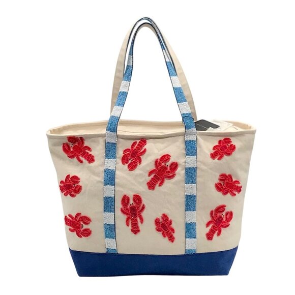 America & Beyond Handbags - America & Beyond Cream and Blue Beaded Lobster Tote Bag